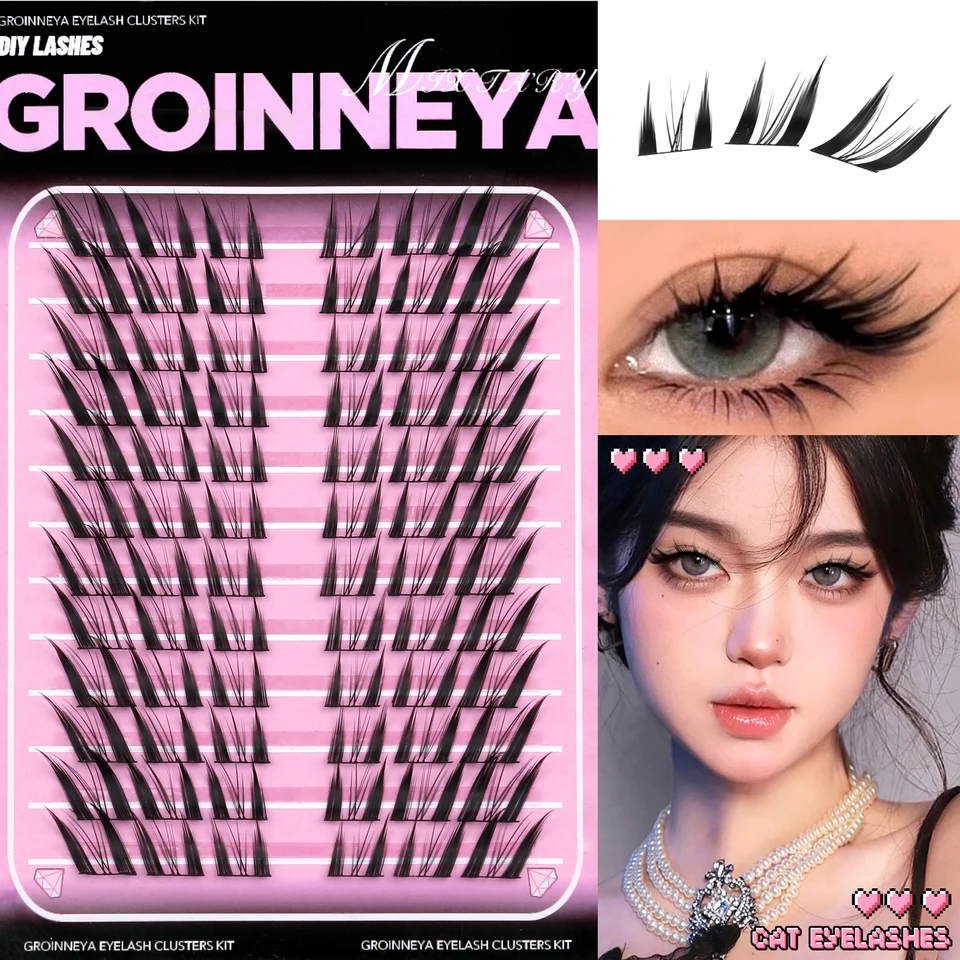 Racimos de pestañas GROINNEYA, ojo de gato, extremo alado, alargan el ojo, kit de racimos DIY en casa, extensiones 3
