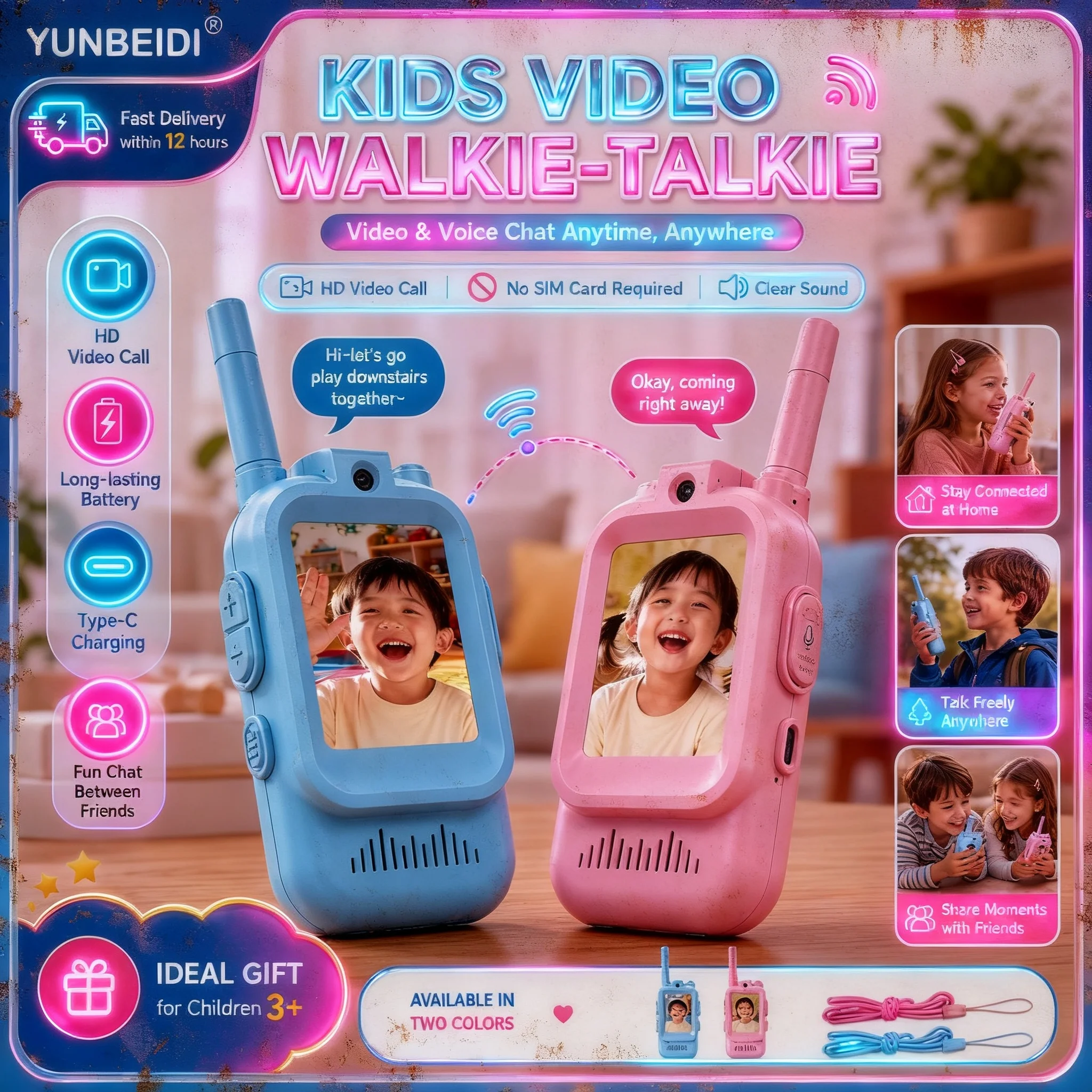

Kid Walkie Talkies Video 2 Pack USB Charging HD Intercom Toys for Kids Ages 3-12 Outdoor Indoor Birthday Gift
