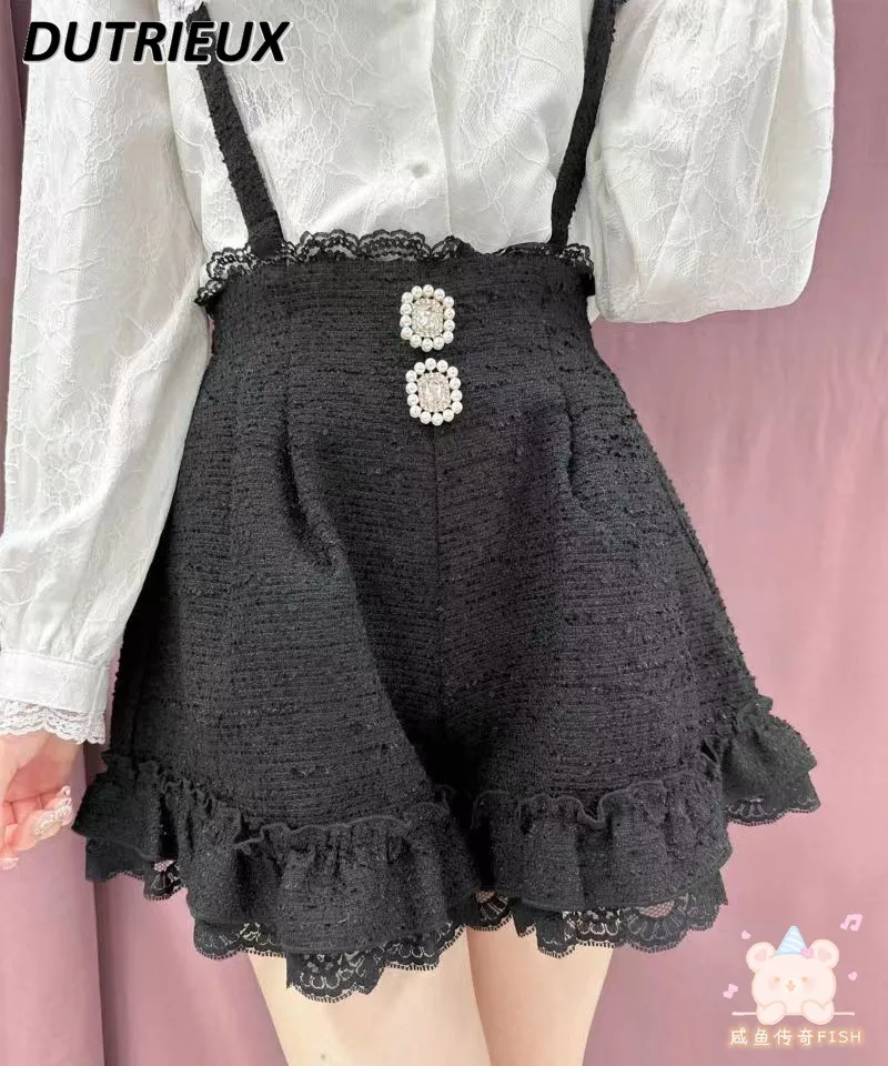 

Sweet Cute Girl Rojita Autumn New Rhinestone Lace Ruffled Short Suspender Pants Mine Mass-Produced Suspender Shorts for Women