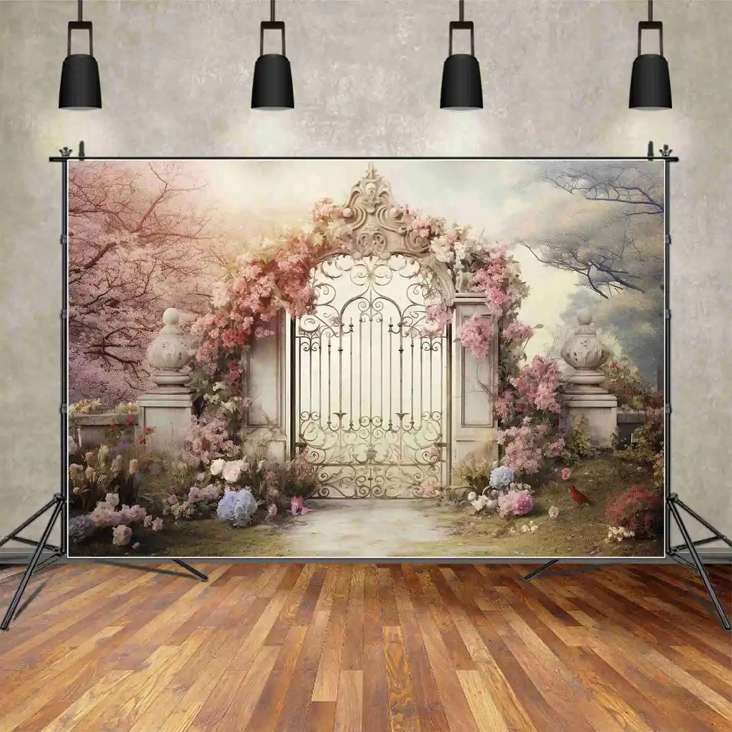 MOON.QG Backdrop Wedding Decoration for Photoshoot Background Spring Pink Flowers Literary Style Arch Door Photography Props