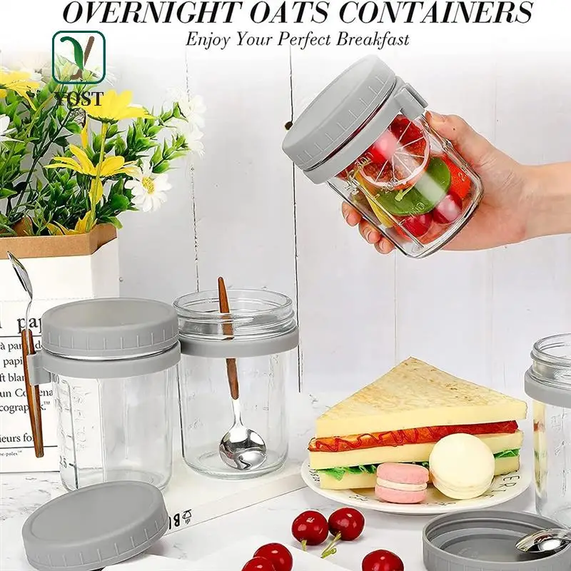

YOST-4 Pack Overnight Oats Containers Airtight Oatmeal Container With Lids And Spoons, 12 Oz