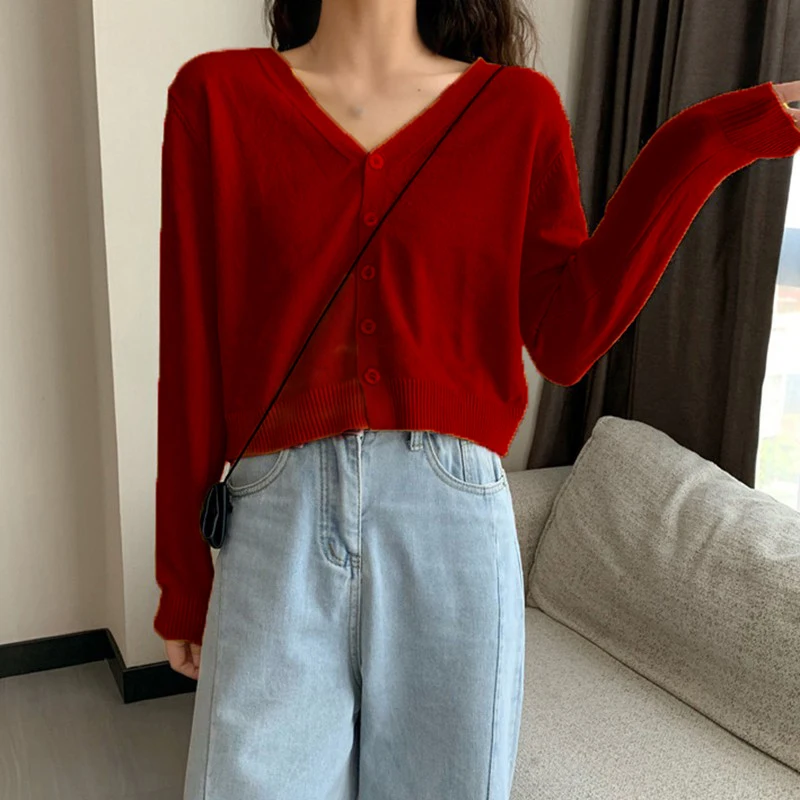 Solid Color Knitted for Women Cardigan Single Breasted Long Sleeve Jumper Woman V Neck All Match Cardigans Outwears