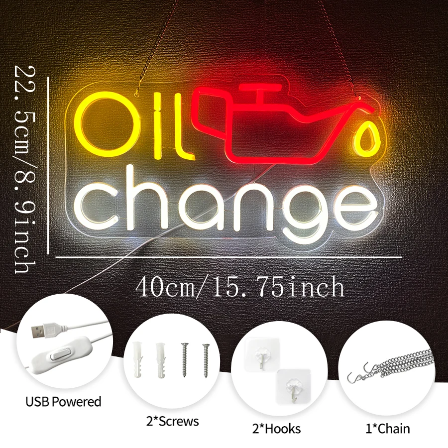 Oil Change Led Neon Sign, Used For Wall Decoration, Usb Powered, Car Repair Shop, Man Cave, Car Workshop, Bar Art Wall Lamp.