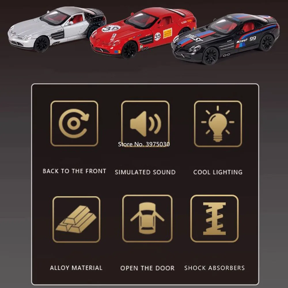 1:24 Benz SLR Giocattoli in lega Modelli Diecast Auto sportive Pneumatici in gomma Veicoli Ruota Tirare indietro Auto in miniatura Giocattolo Bambini Regali per adulti