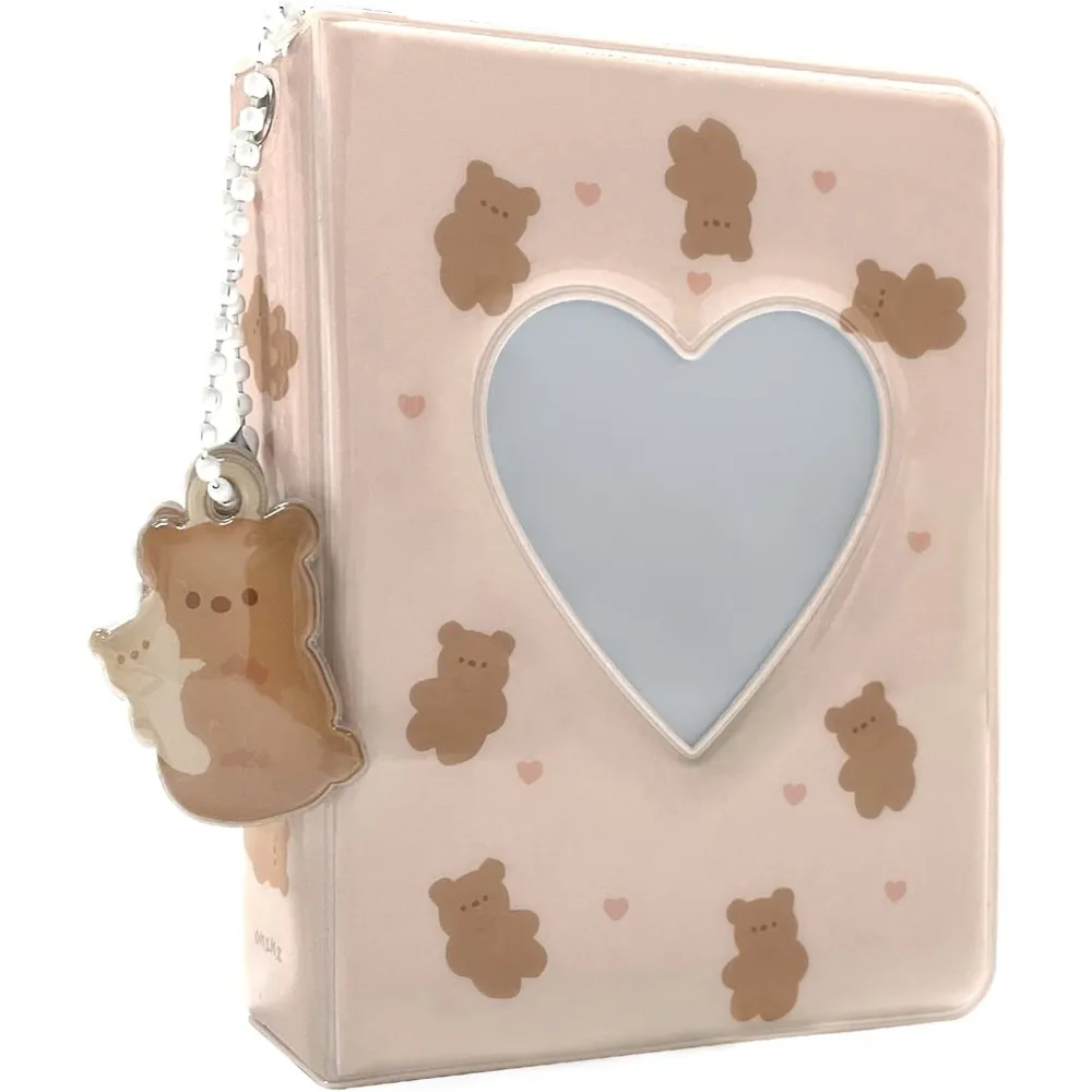 

3 Inch Mini Photo Album, Heart Hollow Card Binder Photo Card Holder with Pendant 40 Pockets (beige bear)
