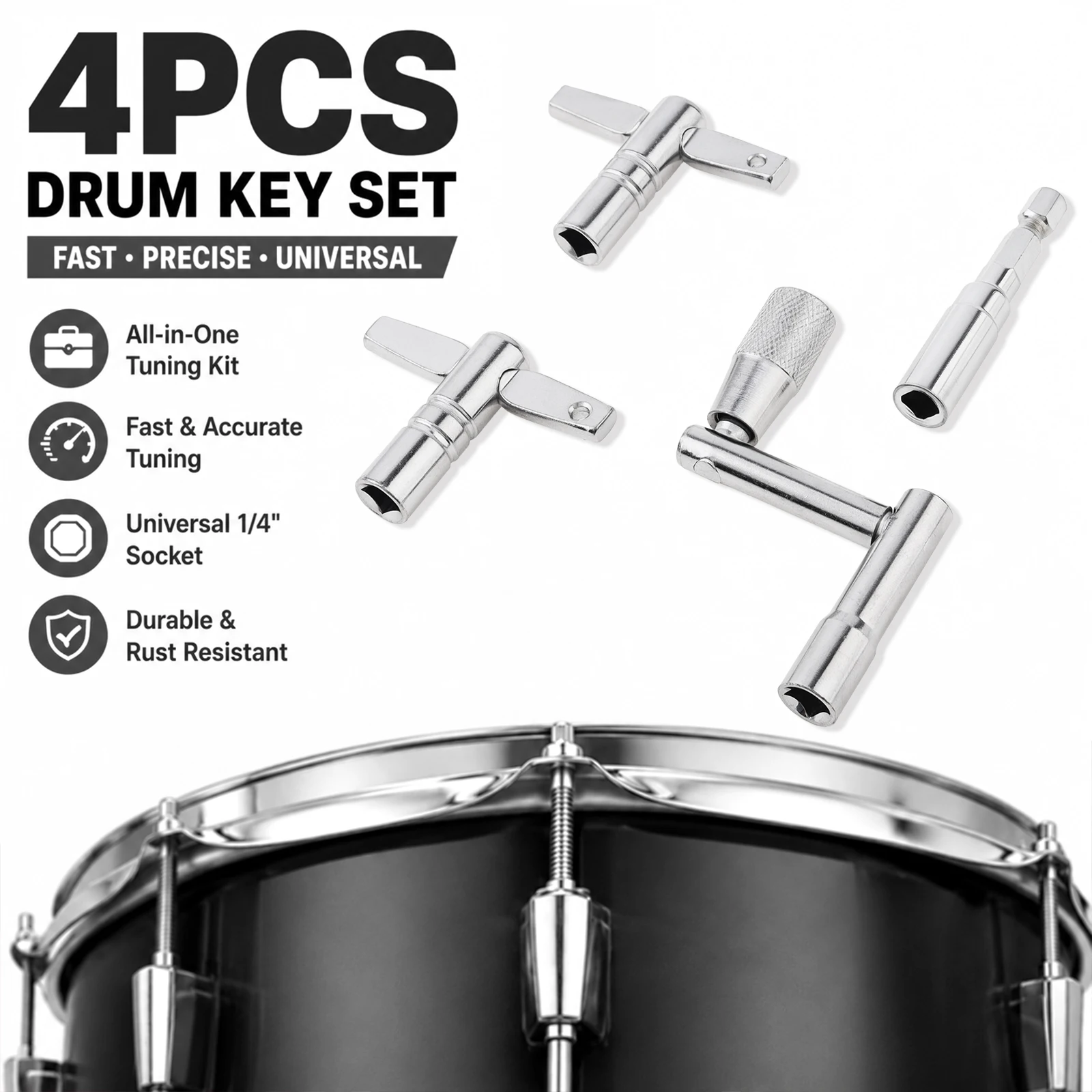 4 Piece Drum Tuning Keys Kit for Electronic Acoustic Drums with Quick Tuning Key T Shaped Key Drill Bit Drum Maintenance Set