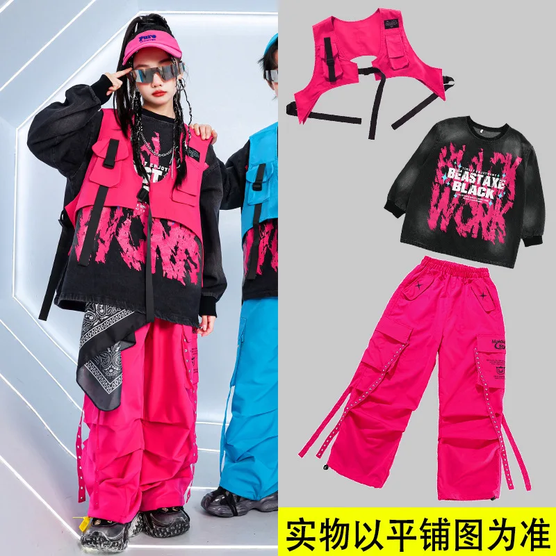 Kids Hip Hop Vest Sweatshirt Colorful Cargo Pants Girls Street Dance Clothes Sets Boys Jazz K-pop Costumes Children Streetwear