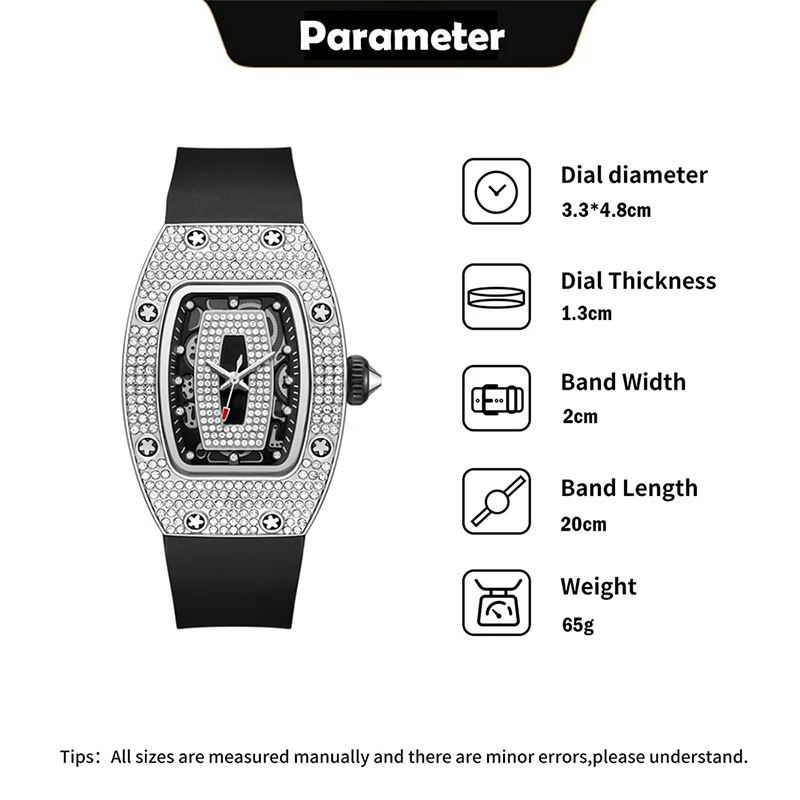 Hot Sell Luxury Diamond Watch Womens Elegant Ice Bling Quartz Watch Lady Fashion Sport Rubber Strap Rose Tonneau Wristwatch Gift