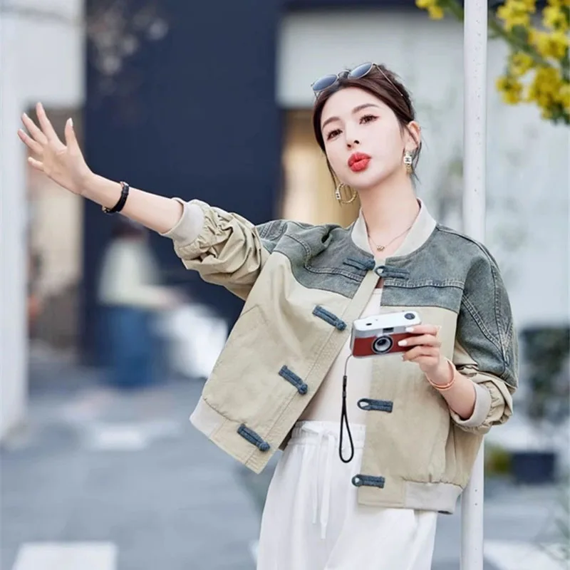 

2026 Spring Autumn New Coat National Style Buckle Short Jacket for Women Denim Patchwork Casual Coat Top Baseball Outwear Female