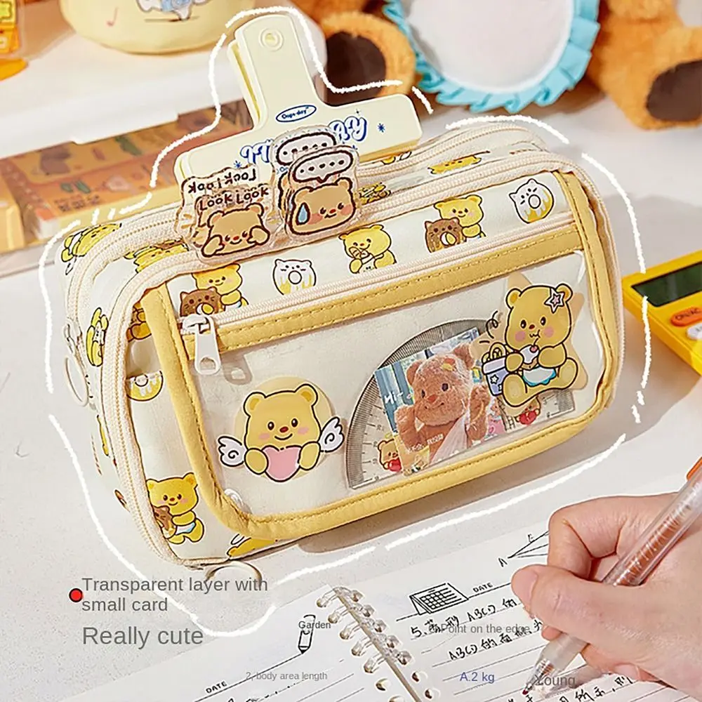 Multilayers Pencil Case Transparent Flip Cover Large Capacity Stationery Organizer Cheese Bear Pen Bag