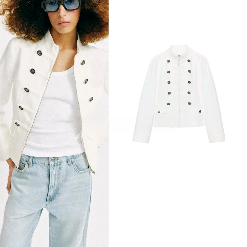 Spring Summer New Women's Long Sleeve Stand Collar Metal Button Decorated Zipper Style Suit Jacket Casual Style Short Length ...