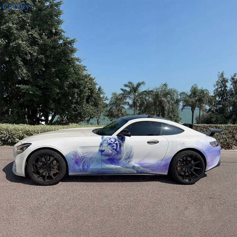 2pcs Purple Gradient Lying Tiger Car Side Wraps, Self-Adhesive PVC Waterproof & Scratch-Resistant Stickers, Car Accessory Gift