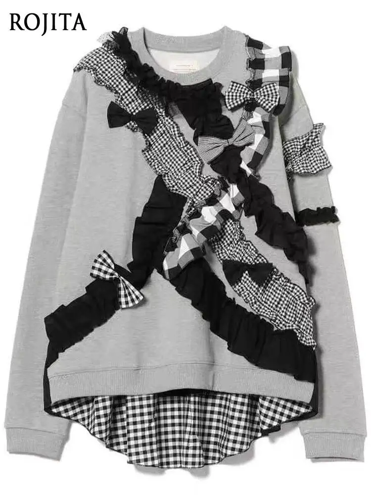 

Plaid Pleated Bow Sweatshirt Round Neck Long Sleeve Oversized Sweatshirts Women Clothing Mid-Length Gray Top