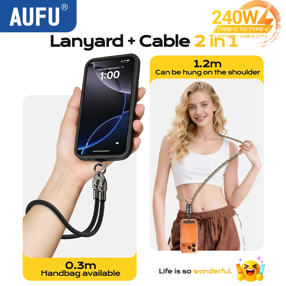 AUFU 2-in-1 Type-C to Type-C Lanyard Data Cable 240W Fast Charging For iPhone 17/17pro/16 Samsung Macbook Laptops Anti-lost Rope