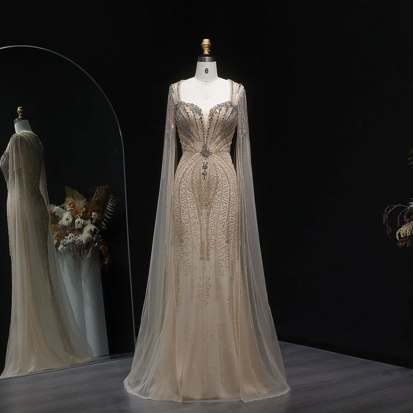 

Sharon Said Dubai Luxury Champagne Mermaid Evening Dress with Cape Sleeves for Women Wedding Party Prom Gowns SS024 Customized