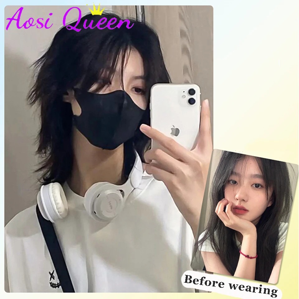 AOSI  Wig Female Short Hair Japanese Handsome Wolf Tail Mullet Head Unisex Natural Half-tied Samurai Head Unisex Headgear