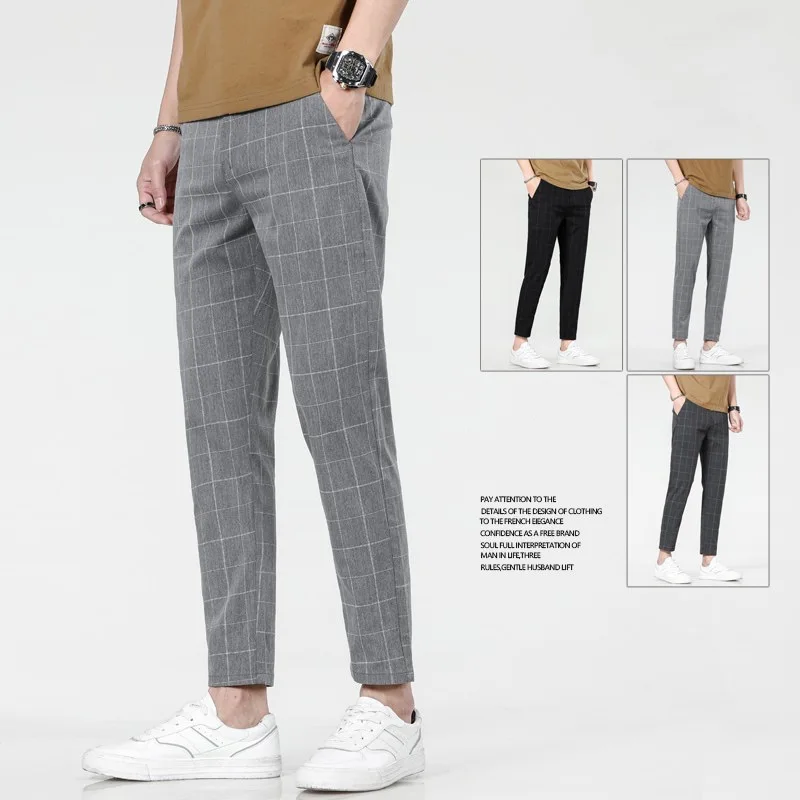 

Summer Men Plaid Casual Pants Korean Style Gray Elastic Straight Slim Fit Fashionable Work Pants Blue and Black
