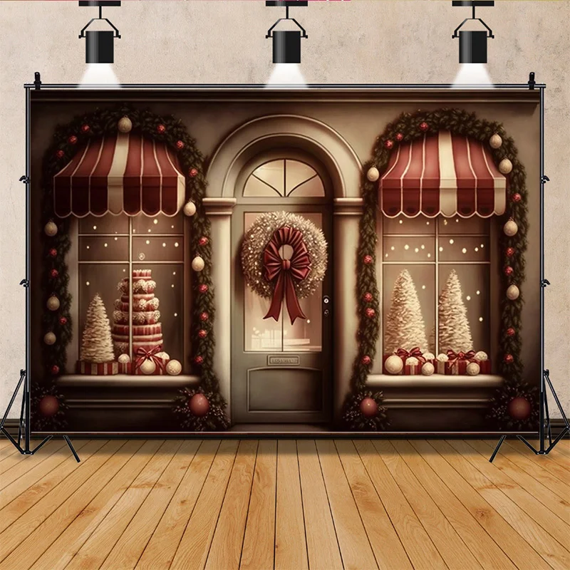 

ZHISUXI Christmas Day Photography Backdrops Living Room Indoor Ornament Green Door Wreath Photo Studio Background Props QS-43