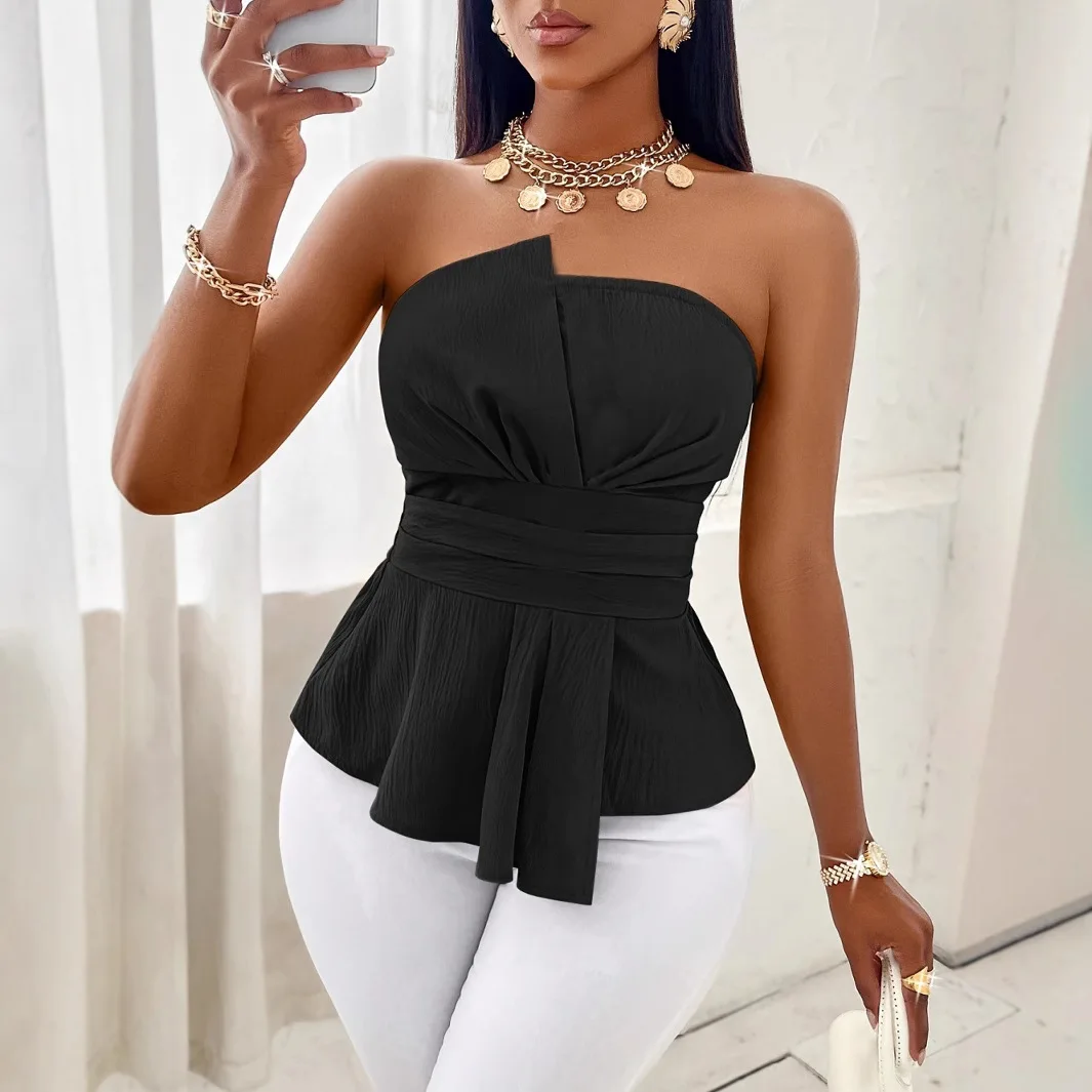 

2025 Summer New Fashionable and Sexy Solid Color Strapless Top with Strapless Design