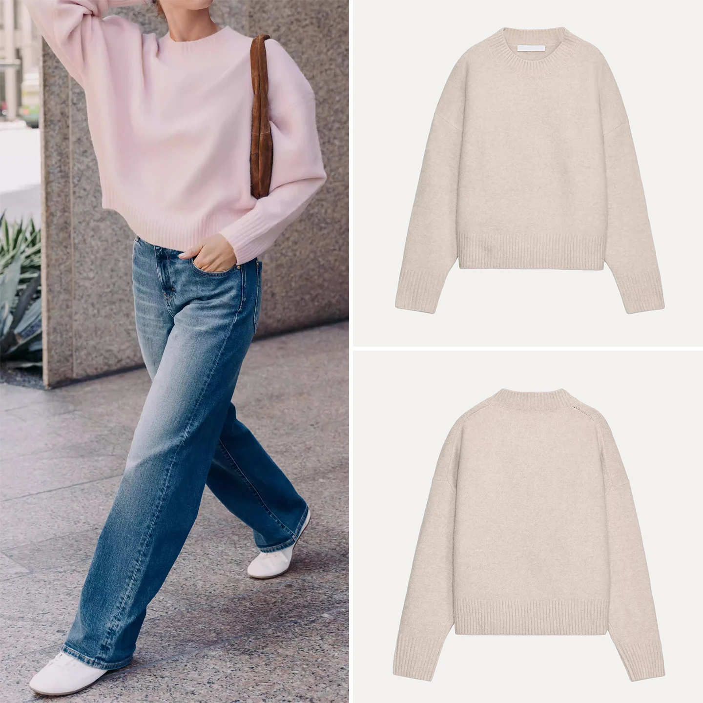 

Модный свободный мягкий вязаный свитер с плоской иглами, женский простой дизайн, осеннее новое поступление, Z Brand Long Sve ro...