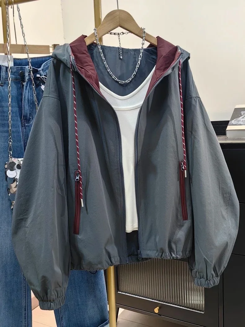 

Женская куртка с капюшоном большого размера 150 кг, весенне-осенняя корейская повседневная свободная куртка контрастного цвета, толстая мм