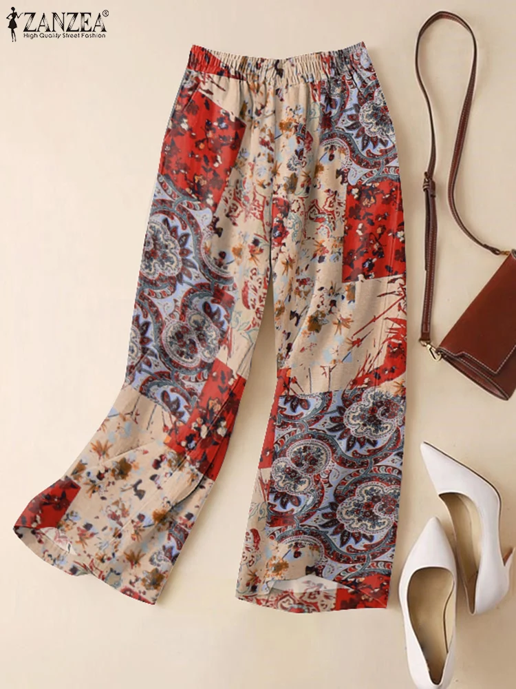 

ZANZEA Woman Floral Paisley Printed Pantalon Breathable Vintage 2025 Spring Cotton Wide Leg Pants Elastic Waist Casual Trousers