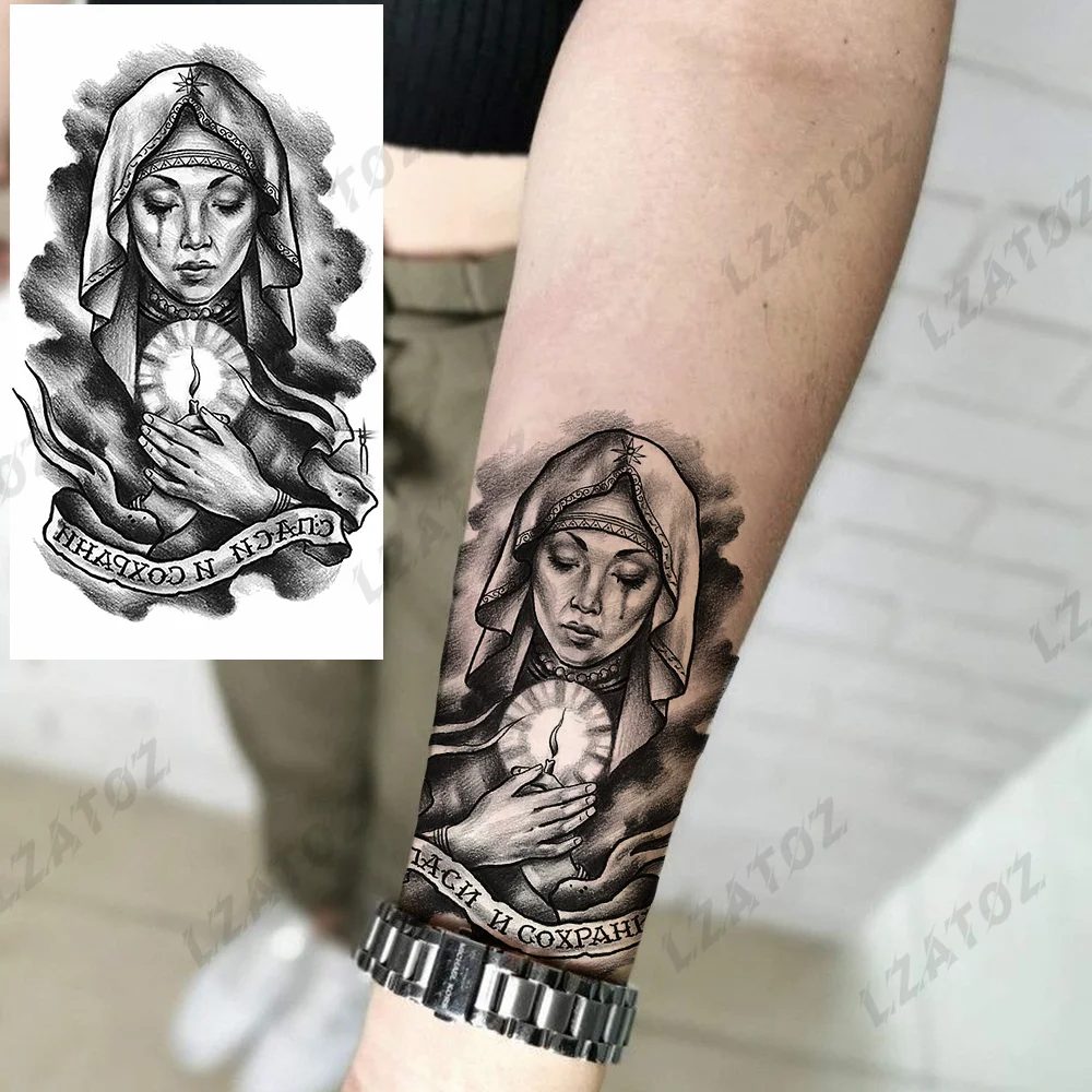 Realistic Nun Clock Temporary Tattoos For Woman Adult Fake Flower Moon Snake Tiger Tattoo Sticker Waterproof Hand Tatoos Paste