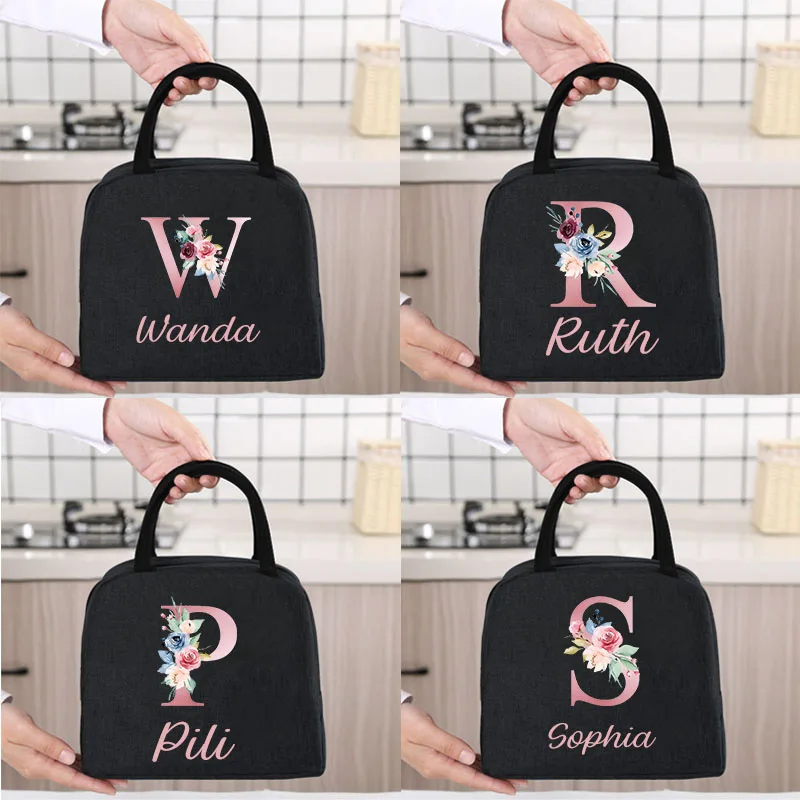 Personalized Name Thermal Lunch Box Insulated Canvas Lunch Bag for Women Custom Handbag Cooler Portable Kids Picnic Food Bags