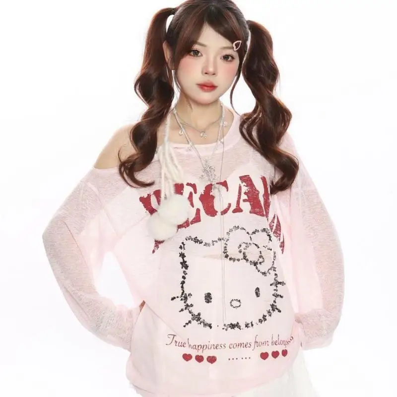 

Sanrio Fashion Cover-Up Hello Kitty Long Sleeves Cover-Up Off-Shoulder Sun Protection Women Beach Vacation Large Size Cover-Up