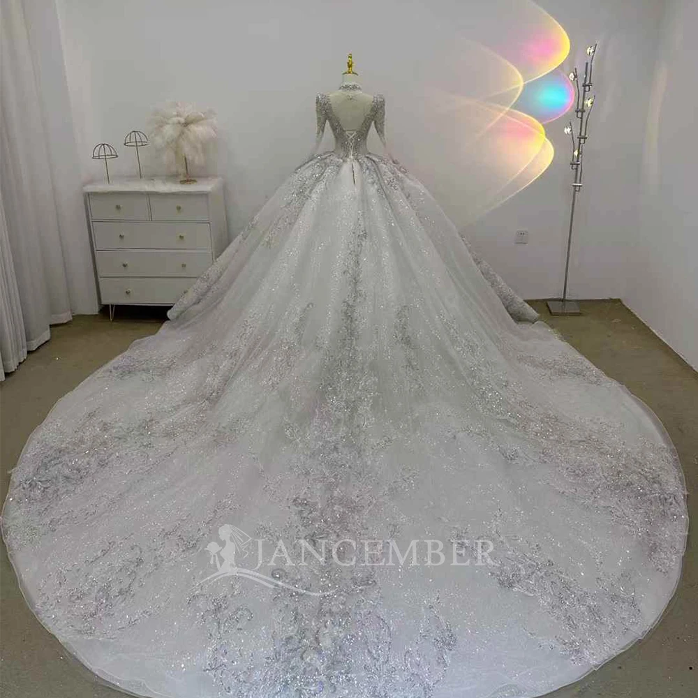 Personalizado elegante vestido de baile princesa vestidos de casamento mangas compridas plissado organza feito vestido de noiva tribunal trem vestidos de novia boda