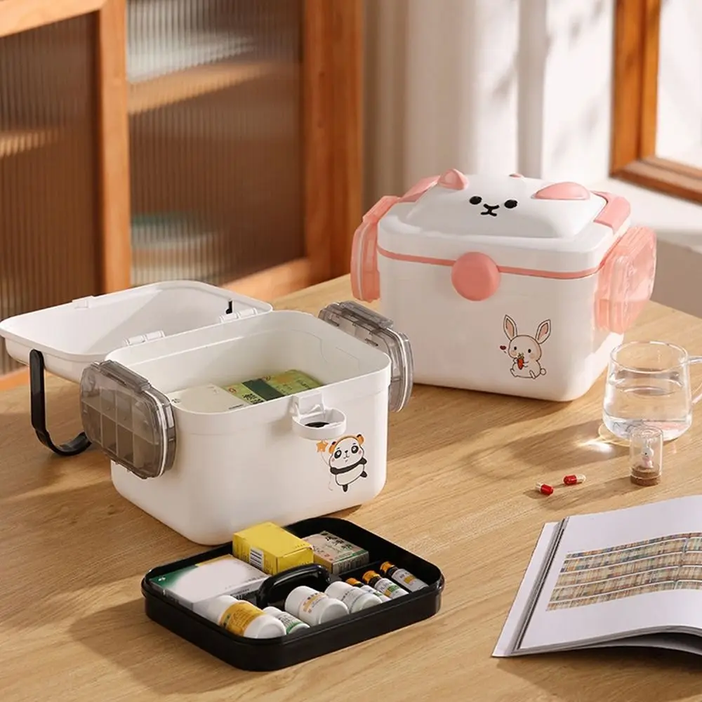 

Large Capacity Double-layer Medicine Box Cute Plastic Medicine Storage Box Dust-proof with Pill Box Cartoon Medicine Box Student
