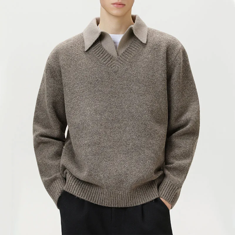 

Men Polo Collar Knitted Sweaters Solid Color Autumn Winter Vintage Streetwear Male Casual Loose Knitwear Fashion Pullover Tops