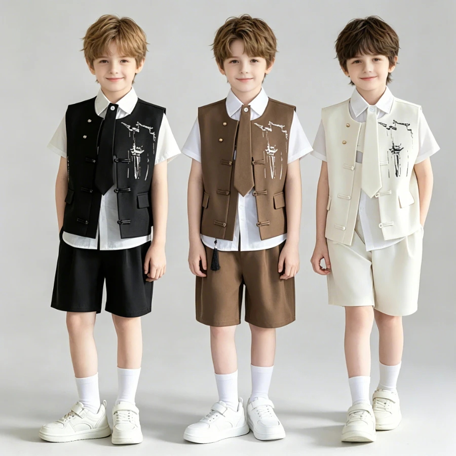 Boys Chinese Style Ink Print Vest Shorts Set Kids Tang Suit with Necktie for Spring Festival Birthday Party Performance Costume