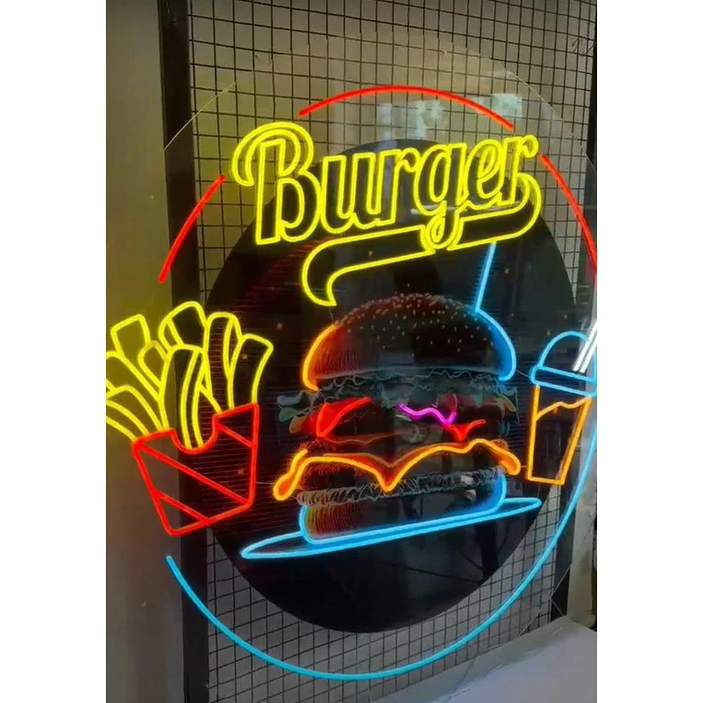 Burger And Fries Juice Led Neon Pop Art Custom Restaurant Fast Food Shop Decor Neon Sign Hamburger Store Wall Hanging Light Sign