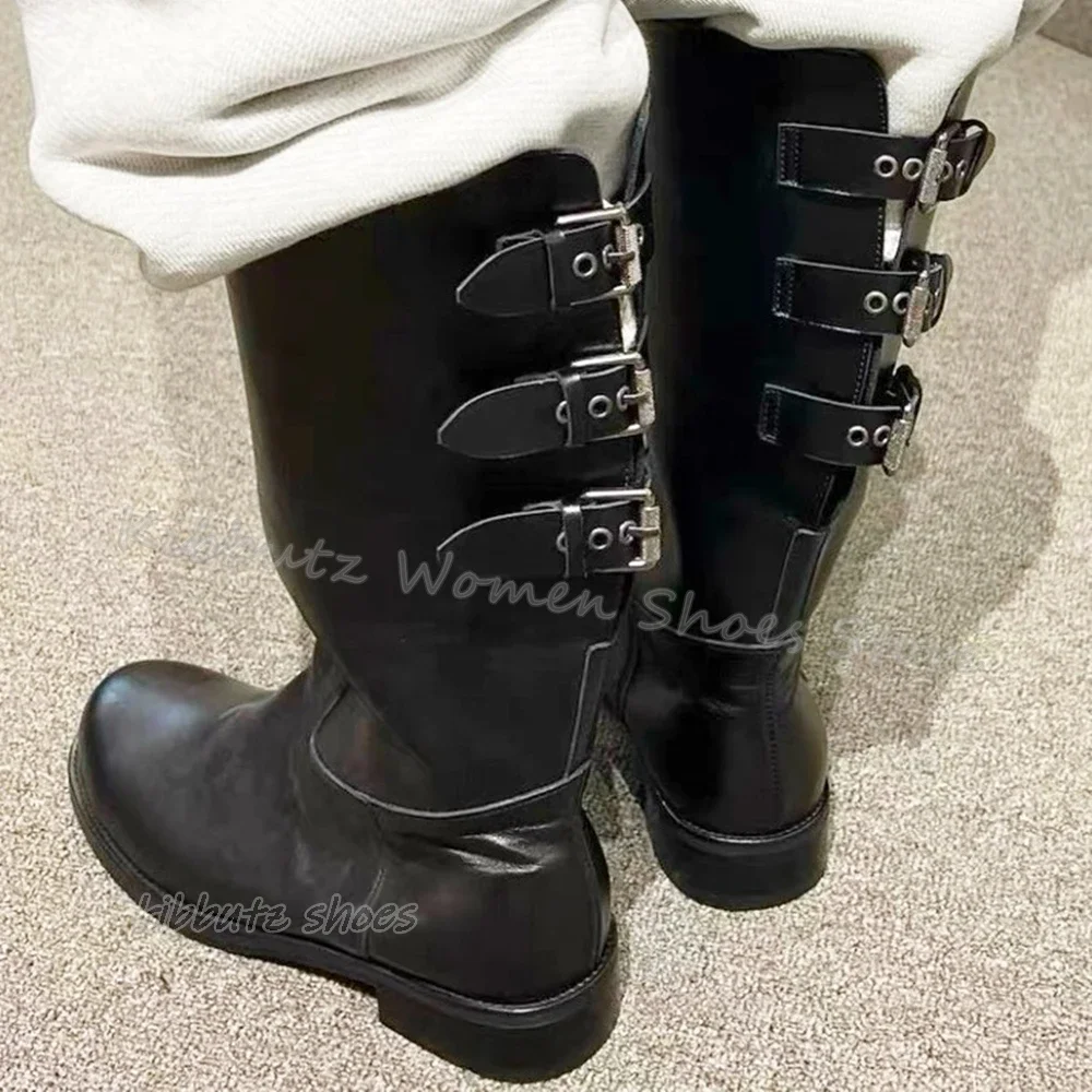 

British Style Knight Boot Belt Buckle Slip-On Fashion Elegant Round Toe Chunky Heels Solid Color Genuine Leather Women Shoes New