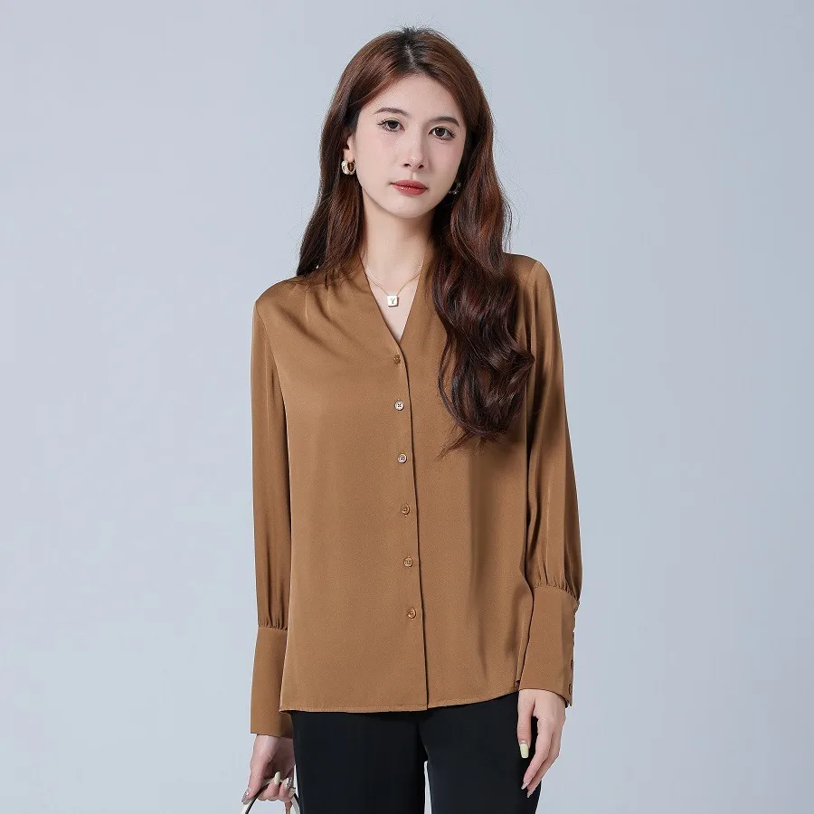 

Birdsky, 1PC Women V neck shirt blouse shirts Top office lady long cuff 93% mulberry silk 7% spandex solid color. S-791