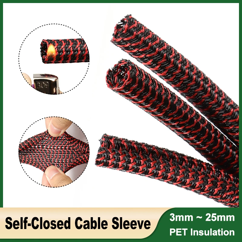 

1~50m Self-Closed Cable Sleeve Red-Black 3 5 8 10 13 16 19 25mm PET Braided Insulated USB Wire Power Cord Protect Split Sleeving