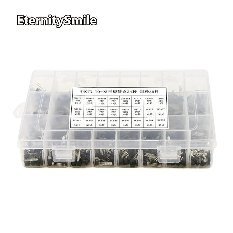 840pcs/set 24Values TO-92 Transistor Assortment Kit BC327 BC337 BC547 Transistor 2N2222 3904 3906 C945 PNP/NPN Transistors Pack