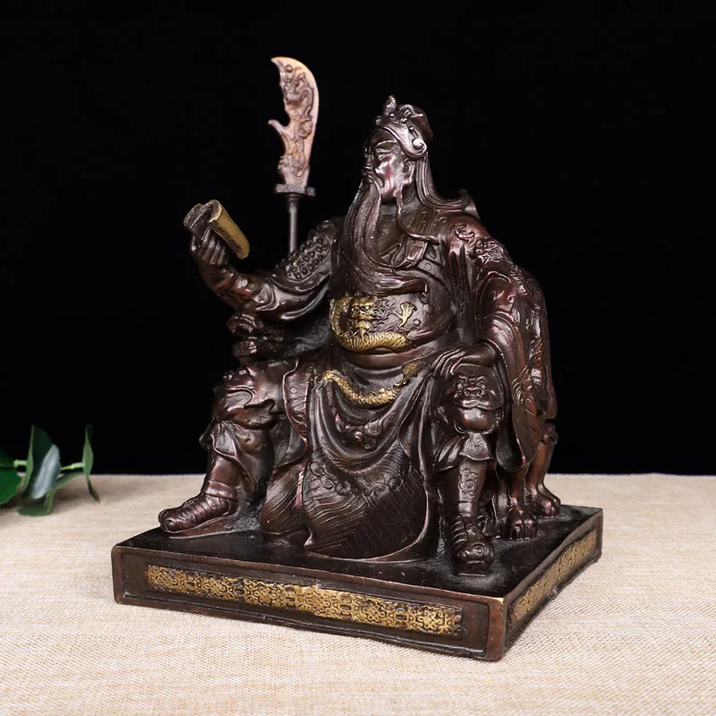 China Red Bronze Sit Dragon Guan Gong Read Art of War book warrior God Statue