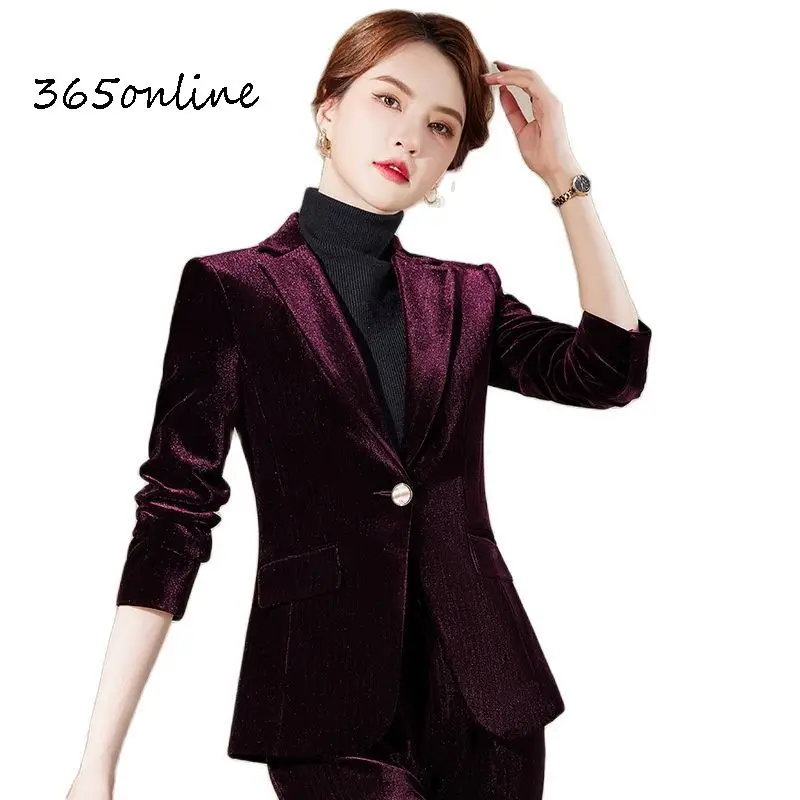 

Woomen Business Suits High Quality Fabric Velvet Blazers Set with Pants and Jackets Coat Professional Office Work Wear Pantsuits