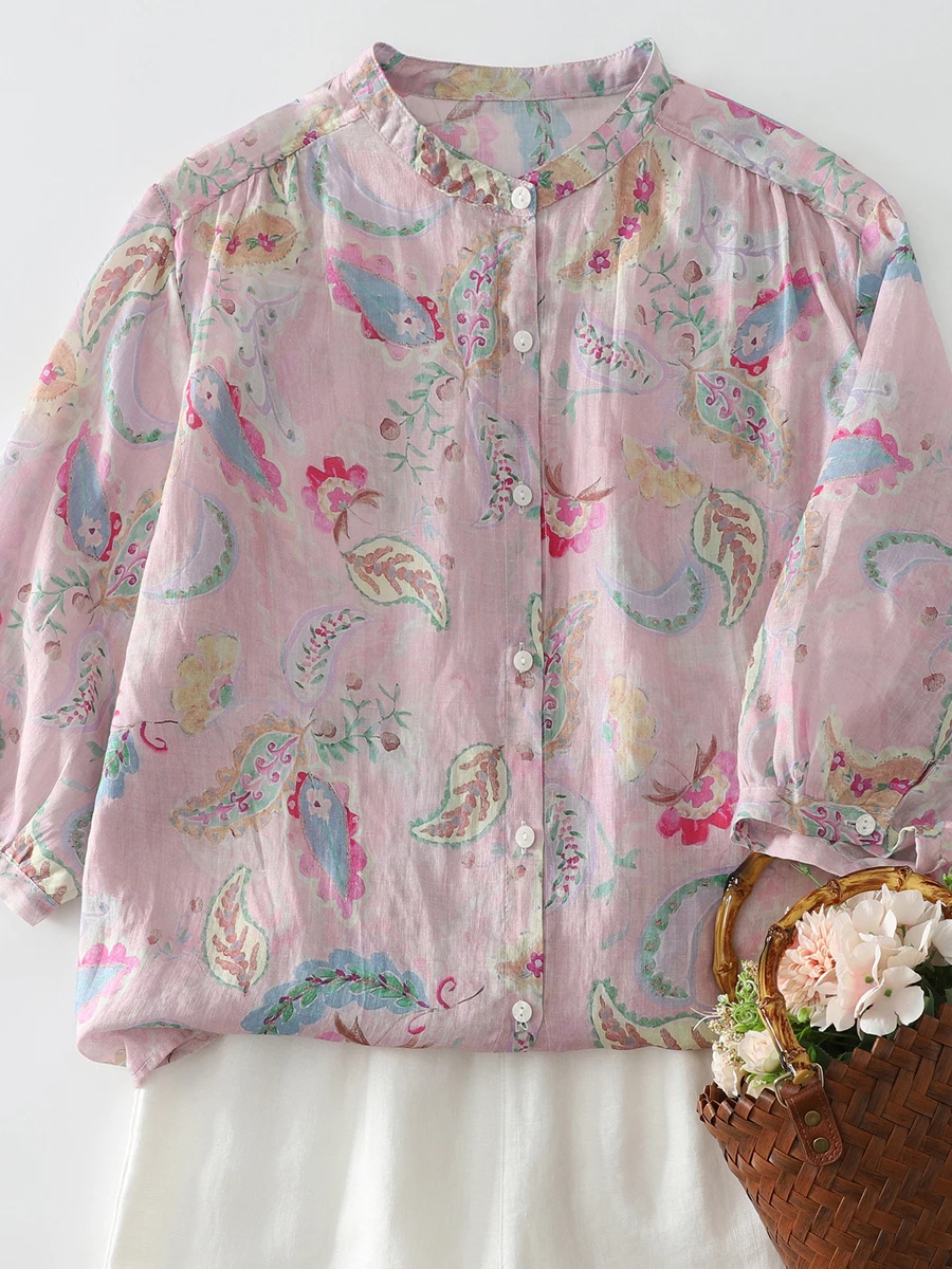 

Watercolor Print Short Sleeve Shirt Stand Collar Versatile Large Size Casual Floral Breathable Summer Women's Inner Wear