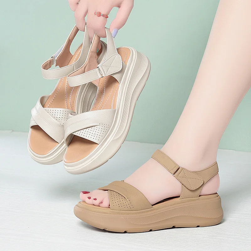 Soft Platform Wedge Sandals For Mom Breathable Perforated Design Adjustable Ankle Strap Comfortable Non Slip Casual Summer Shoes