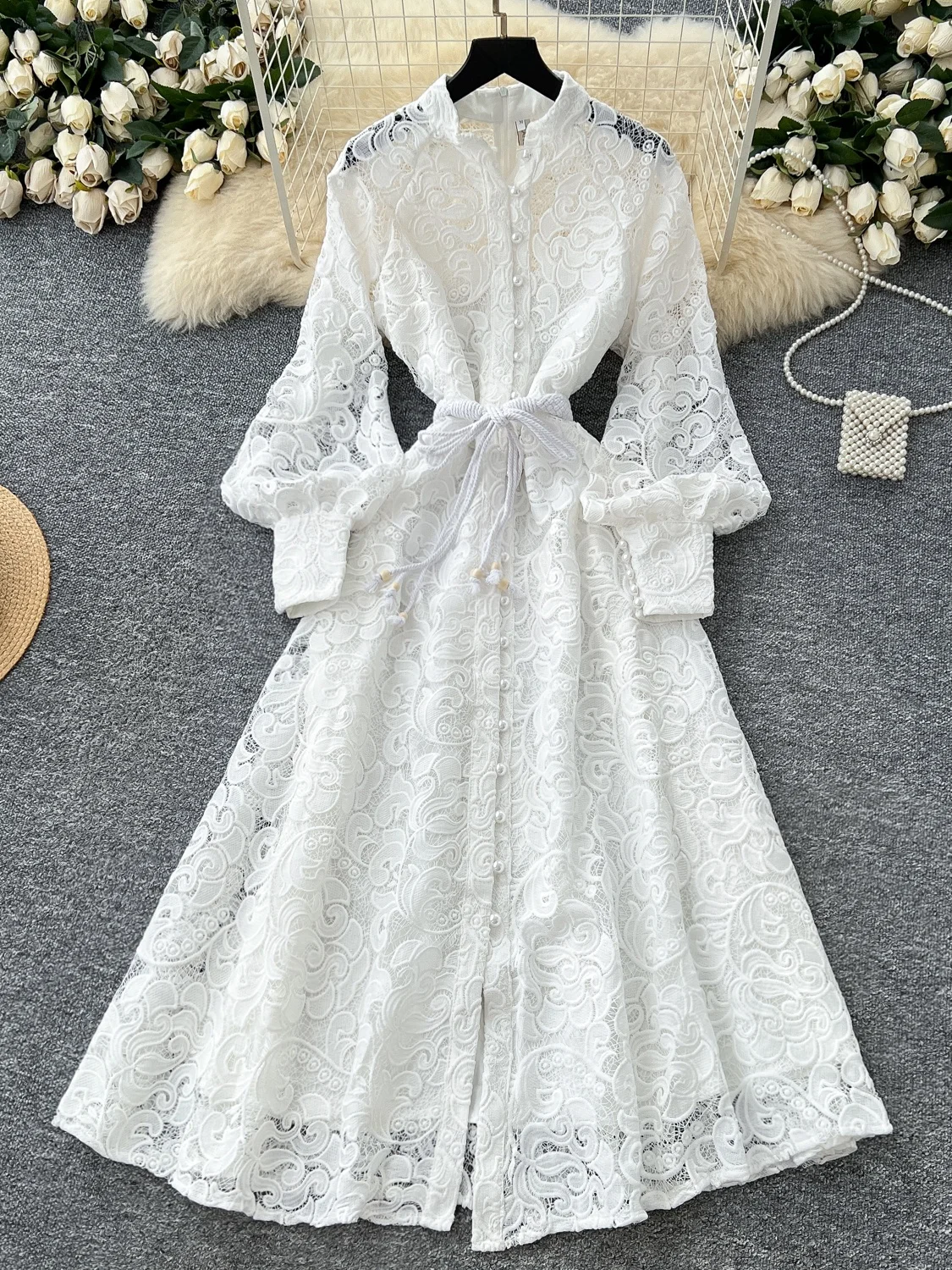 Elegant Lace Midi Dress Women's Fashion Hook Flower High Waist Belted Single Button Full Skirt Long Dress Commute Korean Style