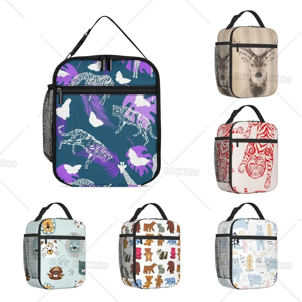 

Animals, Plant Leaves Lunch Box for Boys, Reusable Insulated Lunch Bag with Pocket Large Capacity Tote Bag for Work Picnic Beach