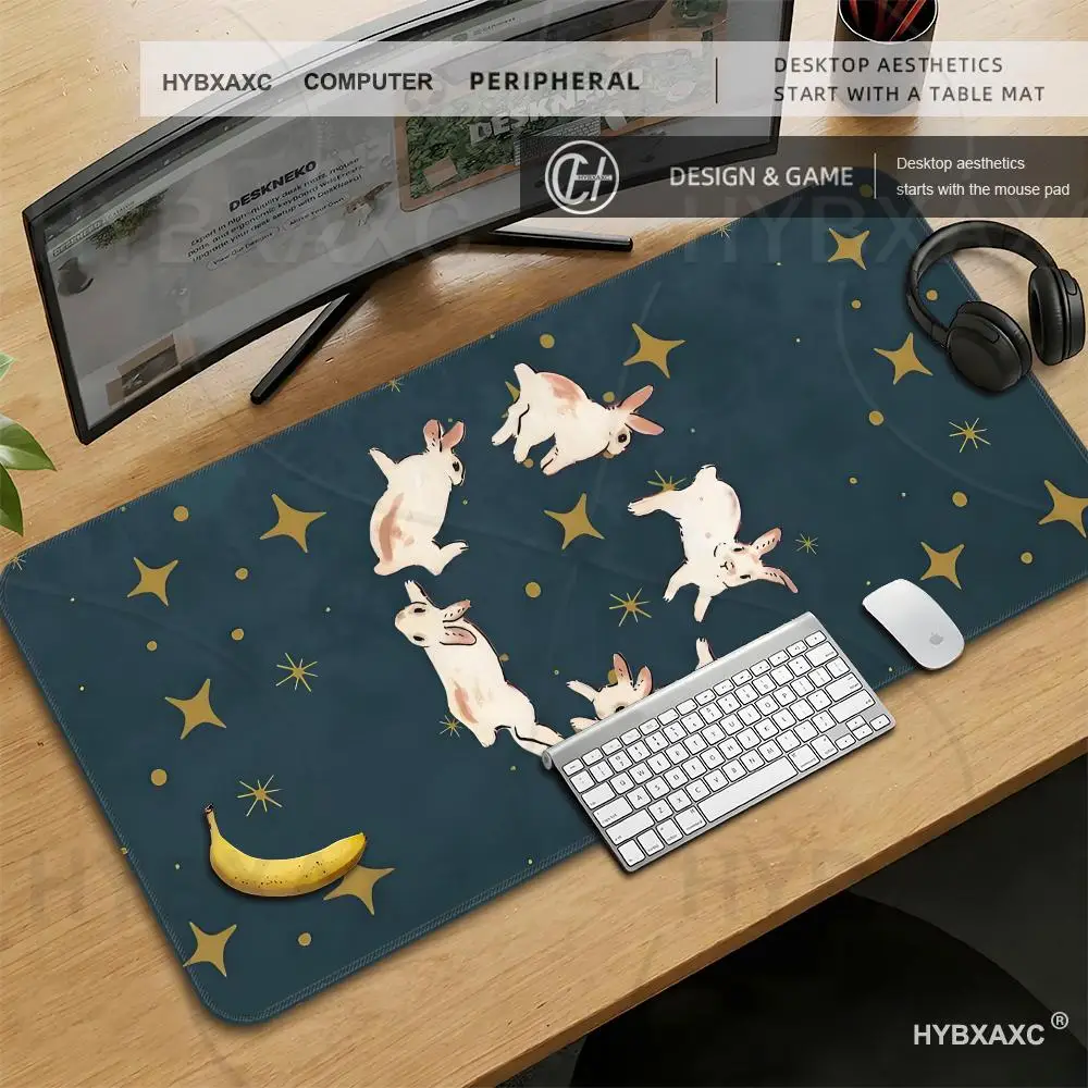 Whimsical Bunny Starry Night Desk Mat HYBXAXC Mouse Pad Green Cosmic Spiral Design Large Gaming Setup Cute Animal Aesthetic Mat
