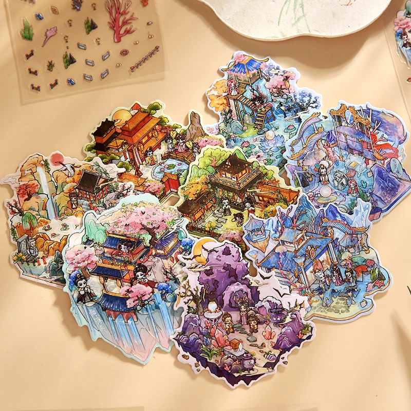 24pcs Cute Mini Cartoon World Cabin Landscape Stickers Visual 3D Stacking Miniature Scene Pocket Cabin Stickers Children's Gifts
