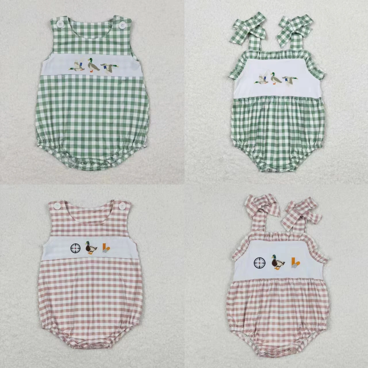 

Wholesale Toddler Bubble Bodysuit One-piece Kids Baby Boy Girl Sleeveless Embroidery Duck Plaid Jumpsuit Newborn Coverall Romper