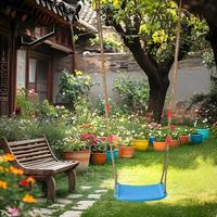 Garden Swing Children Outdoor Garden Horizontal Bar Swing Adult Seat Hanging Rope Chair Hook Inner Outer Curved Board Seat Swing