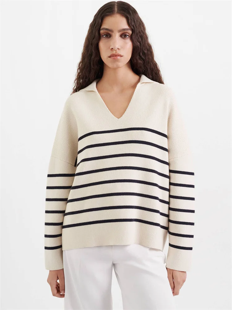 Knit Striped Sweater Long Sleeve Knitting V-Neck Pullovers Fall Winter Basic Tops For Women 2023 New In Knitwears Loose Sweaters