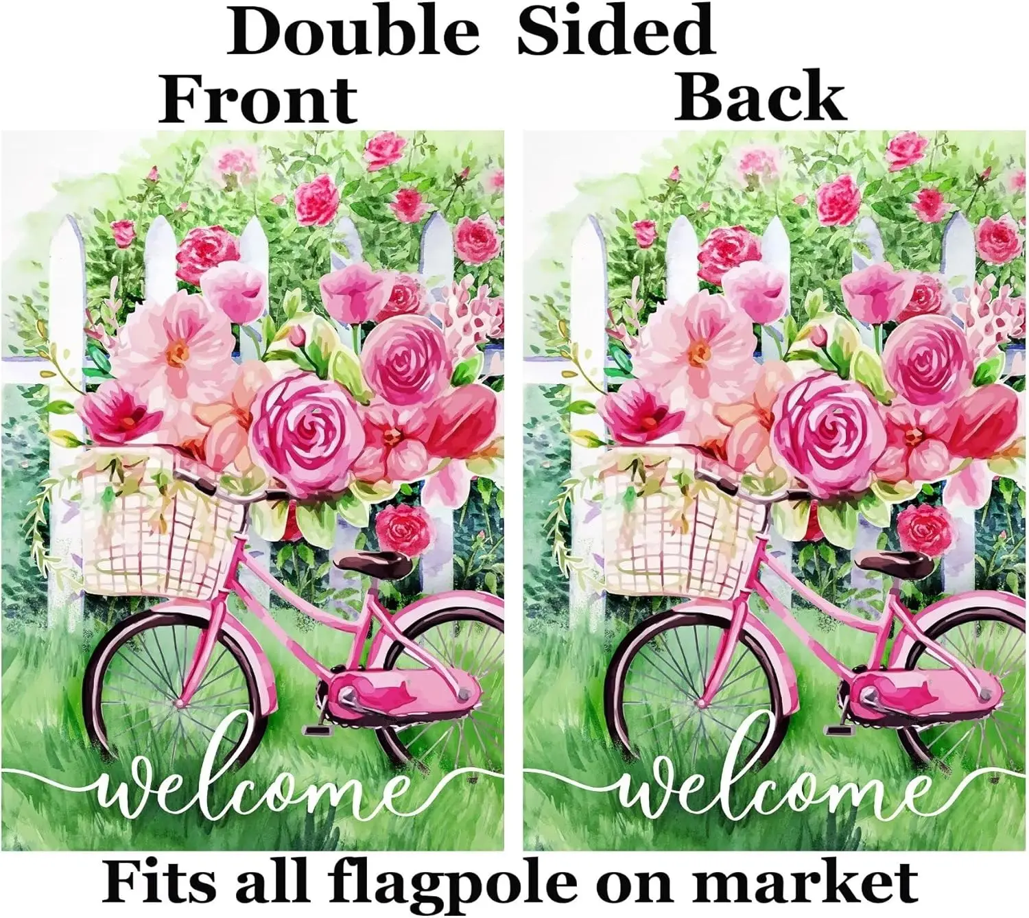 Welcome Spring Pink Bicyle Bike Rose Floral FLowers Grass Field Garden Yard Flag 12